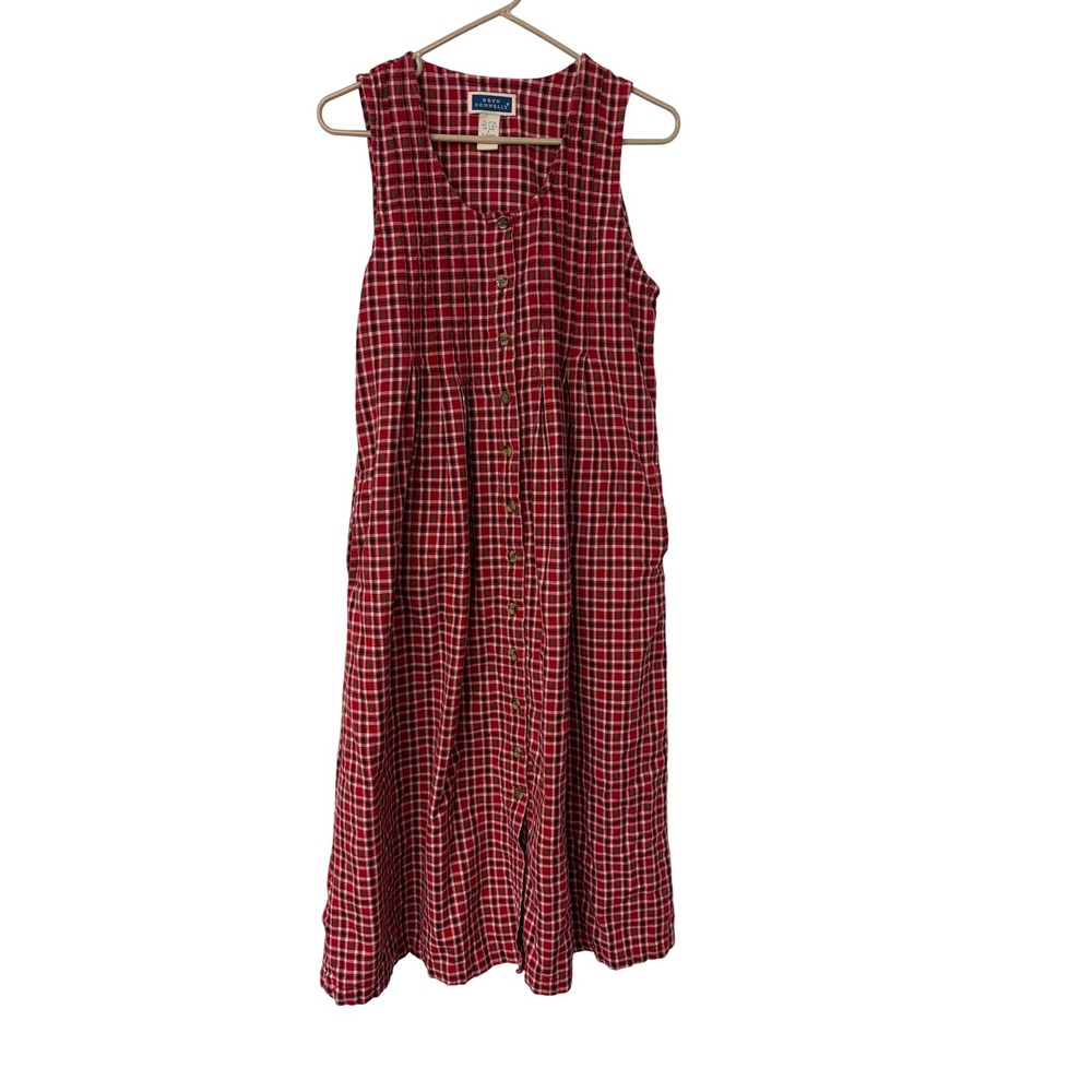 Bryn Connelly Red Plaid Pine Tree Embroidered Cotton Button Front Midi Dress S